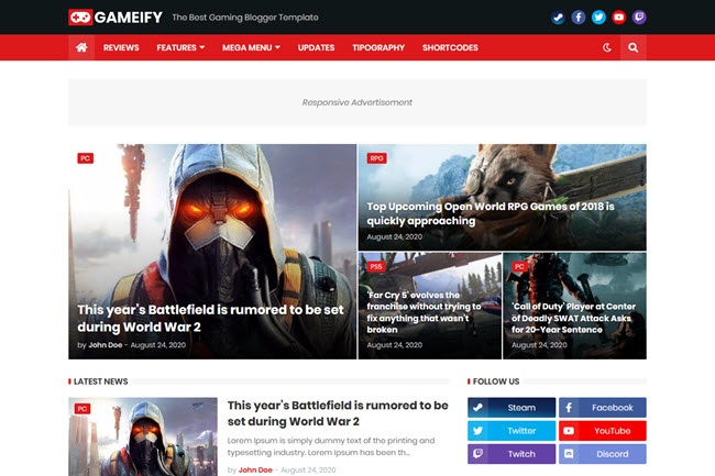 Gameify - The Ultimate Gaming Blogger Template